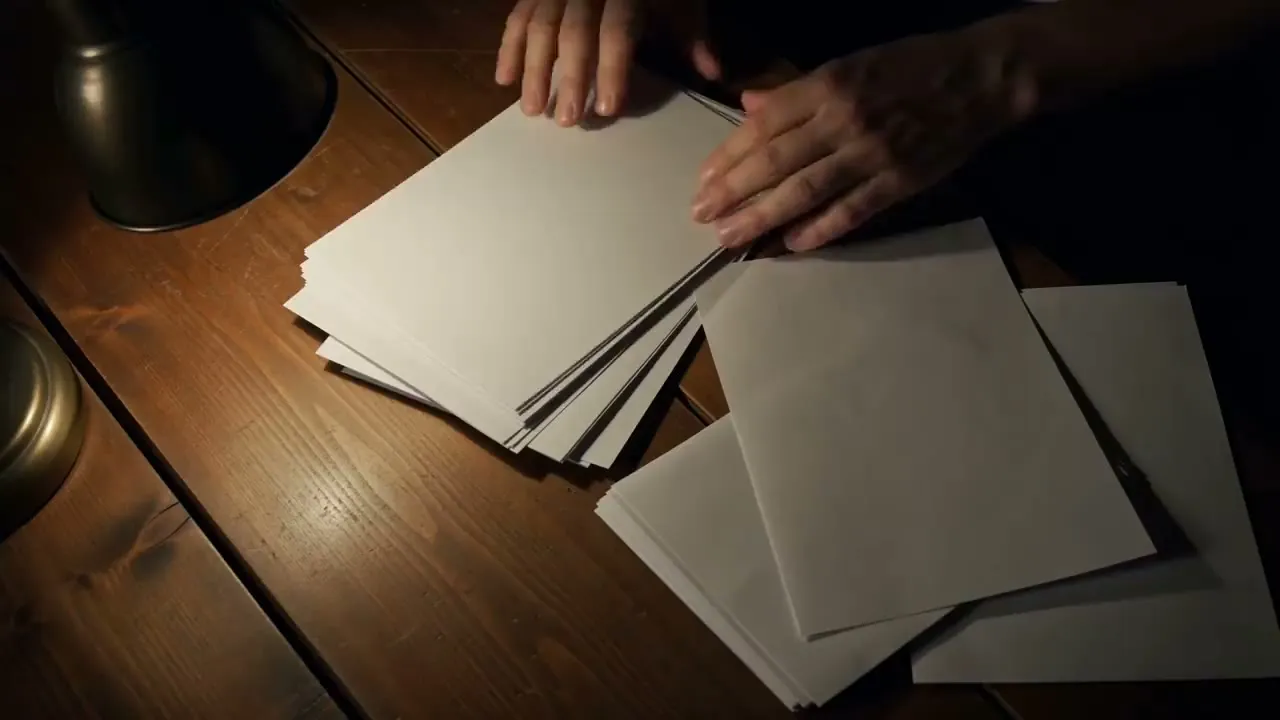 Deux mains trient une pile de papiers, le soir, sous une lampe de bureau